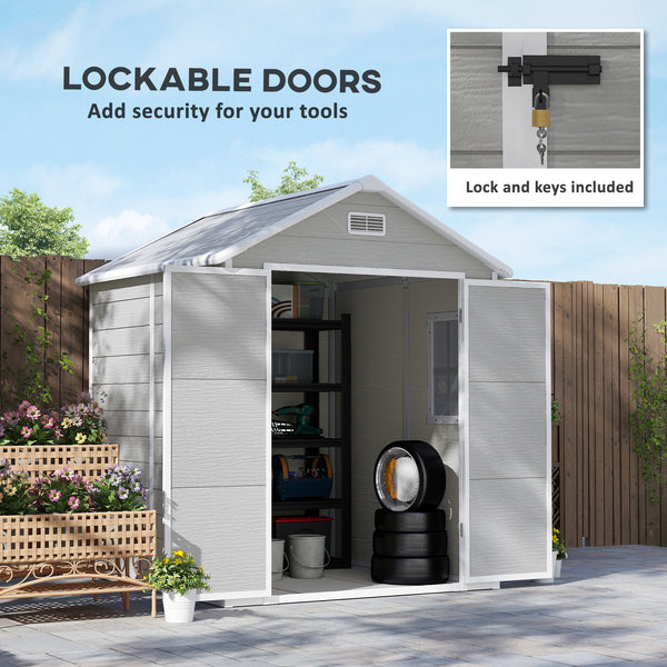 6 x 5ft Garden Shed, Plastic Shed with Floor, Window, Lockable Doors and Vents, Wood Effect Resin Tool Shed for Outdoor Patio, Dark Grey