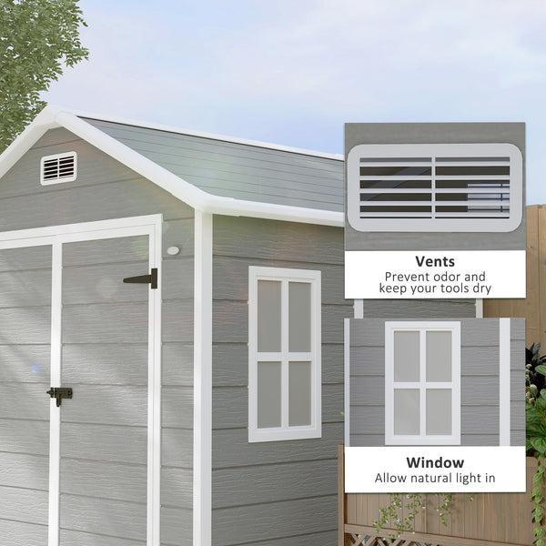 6 x 5ft Garden Shed, Plastic Shed with Floor, Window, Lockable Doors and Vents, Wood Effect Resin Tool Shed for Outdoor Patio, Dark Grey
