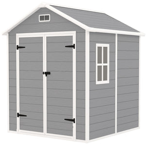 6 x 5ft Garden Shed, Plastic Shed with Floor, Window, Lockable Doors and Vents, Wood Effect Resin Tool Shed for Outdoor Patio, Dark Grey