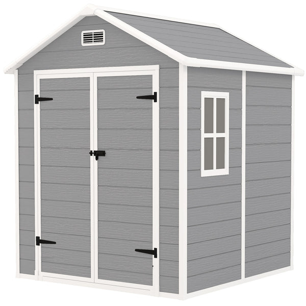 6 x 5ft Garden Shed, Plastic Shed with Floor, Window, Lockable Doors and Vents, Wood Effect Resin Tool Shed for Outdoor Patio, Dark Grey