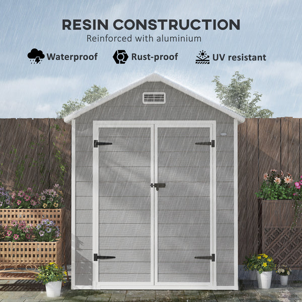 6 x 5ft Garden Shed, Plastic Shed with Floor, Window, Lockable Doors and Vents, Wood Effect Resin Tool Shed for Outdoor Patio, Dark Grey