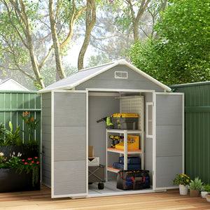 6 x 5ft Garden Shed, Plastic Shed with Floor, Window, Lockable Doors and Vents, Wood Effect Resin Tool Shed for Outdoor Patio, Dark Grey