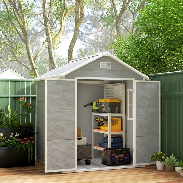 6 x 5ft Garden Shed, Plastic Shed with Floor, Window, Lockable Doors and Vents, Wood Effect Resin Tool Shed for Outdoor Patio, Dark Grey
