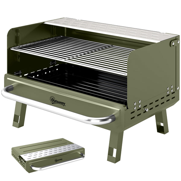 Portable BBQ Grill, Charcoal Barbecue Grill with Adjustable Grates, Foldable Legs and Side Shelf for Camping Hiking Picnic Travel Garden Outdoor Cooking, Green