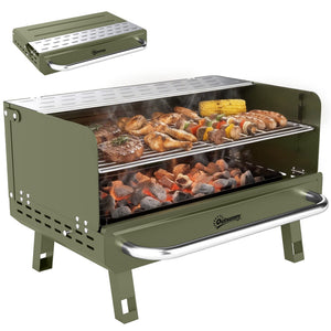 Portable BBQ Grill, Charcoal Barbecue Grill with Adjustable Grates, Foldable Legs and Side Shelf for Camping Hiking Picnic Travel Garden Outdoor Cooking, Green