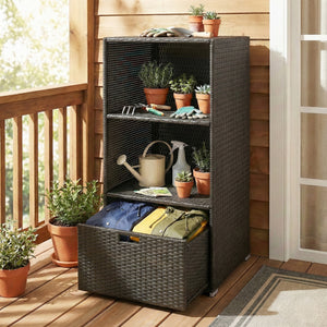 Valet Pool Towel Rack, Water-Resistant PE Plastic Rattan Wicker Storage Organizer, Indoor Outdoor Spa, and Hot Tub Accessory Storage, 2 Shelves, 1 Basket Drawer, Dark Brown