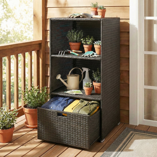 Valet Pool Towel Rack, Water-Resistant PE Plastic Rattan Wicker Storage Organizer, Indoor Outdoor Spa, and Hot Tub Accessory Storage, 2 Shelves, 1 Basket Drawer, Dark Brown