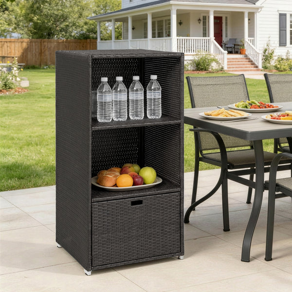 Valet Pool Towel Rack, Water-Resistant PE Plastic Rattan Wicker Storage Organizer, Indoor Outdoor Spa, and Hot Tub Accessory Storage, 2 Shelves, 1 Basket Drawer, Dark Brown