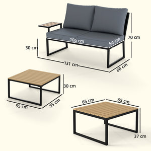 4 Seater Rattan Garden Furniture Set, Corner Garden Sofa Set with 2 Loveseats, 2 Nesting Coffee Tables, Arm Side Trays, Cushions, Metal Outdoor Furniture Conversation Sets for Patio, Teak