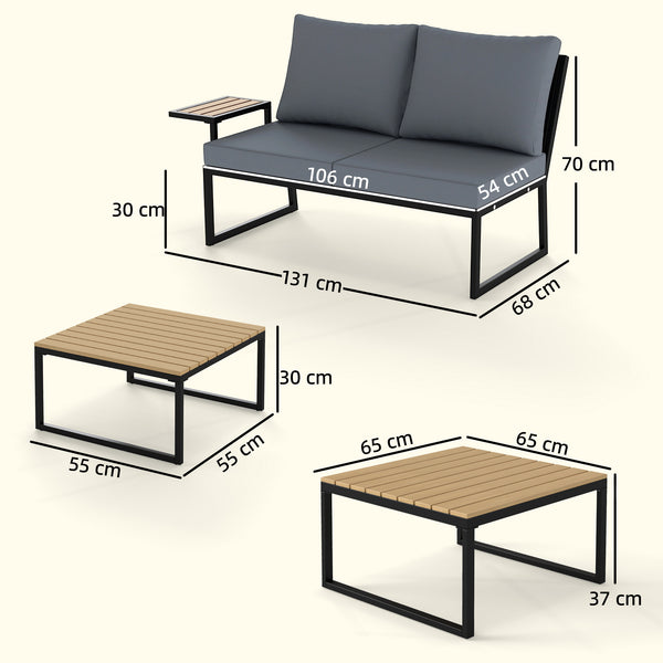 4 Seater Rattan Garden Furniture Set, Corner Garden Sofa Set with 2 Loveseats, 2 Nesting Coffee Tables, Arm Side Trays, Cushions, Metal Outdoor Furniture Conversation Sets for Patio, Teak