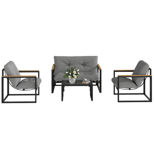 4 Piece Patio Furniture Set, Outdoor Loveseat Sofa Set with Thick Cushions and Coffee Table, Patio Conversation Set for Porch, Balcony, Deck, Light Grey