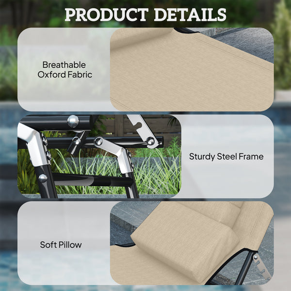 Adjustable Outdoor Lounge Chair, Garden Folding Chaise Lounge with Face Hole Reclining Tanning Chair Seat, Folding Camping Beach Lounging Bed w/ Support Pillow, Beige