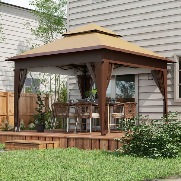 3 x 3(m) Pop Up Gazebo with Mosquito Netting, 1 Person Easy up Marquee Party Tent with 1-Button Push, Double Roof, Carry Bag, Sandbags, Height Adjustable Instant Shelter, Khaki