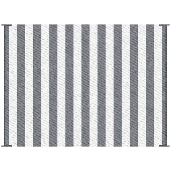 Outsunny Reversible Outdoor Rug, 9' x 12' Waterproof Plastic Straw Floor Mat, Portable RV Camping Carpet, Large Floor Mat for Backyard, Deck, Picnic, Beach, Gray & White Striped