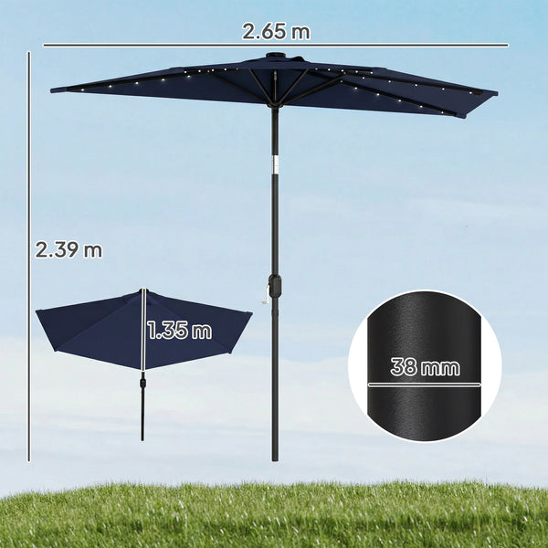 2.6 m Half Garden Parasol with Solar LED Lights, UPF50+ Semi Round Umbrella with 30° Tilt, Crank Handle, Metal Frame for Balcony, Dark Blue