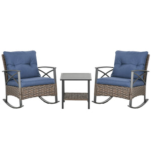 Outsunny 3 Piece Patio Rocking Chair Set, Outdoor Wicker Bistro Set with 2 Cushioned Porch Rockers and 2 Tier Coffee Table for Garden, Porch, Backyard, Dark Blue