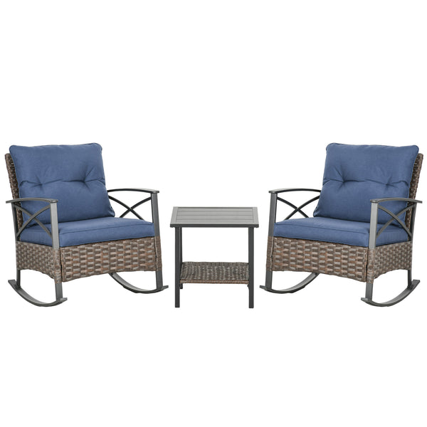 Outsunny 3 Piece Patio Rocking Chair Set, Outdoor Wicker Bistro Set with 2 Cushioned Porch Rockers and 2 Tier Coffee Table for Garden, Porch, Backyard, Dark Blue