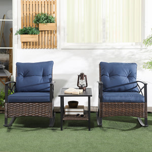 Outsunny 3 Piece Patio Rocking Chair Set, Outdoor Wicker Bistro Set with 2 Cushioned Porch Rockers and 2 Tier Coffee Table for Garden, Porch, Backyard, Dark Blue