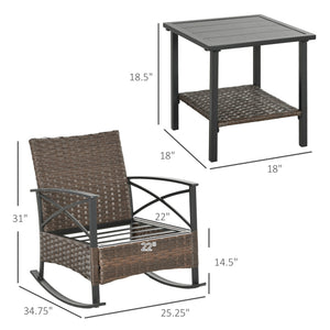 Outsunny 3 Piece Patio Rocking Chair Set, Outdoor Wicker Bistro Set with 2 Cushioned Porch Rockers and 2 Tier Coffee Table for Garden, Porch, Backyard, Dark Blue