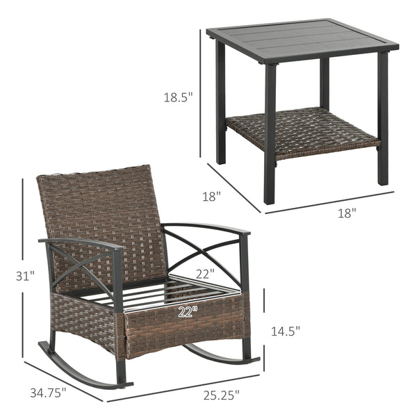 Outsunny 3 Piece Patio Rocking Chair Set, Outdoor Wicker Bistro Set with 2 Cushioned Porch Rockers and 2 Tier Coffee Table for Garden, Porch, Backyard, Dark Blue