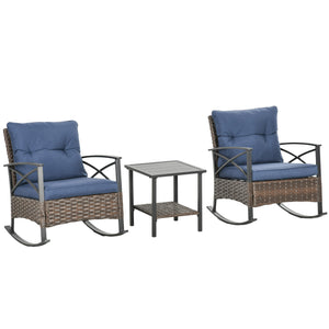 Outsunny 3 Piece Patio Rocking Chair Set, Outdoor Wicker Bistro Set with 2 Cushioned Porch Rockers and 2 Tier Coffee Table for Garden, Porch, Backyard, Dark Blue