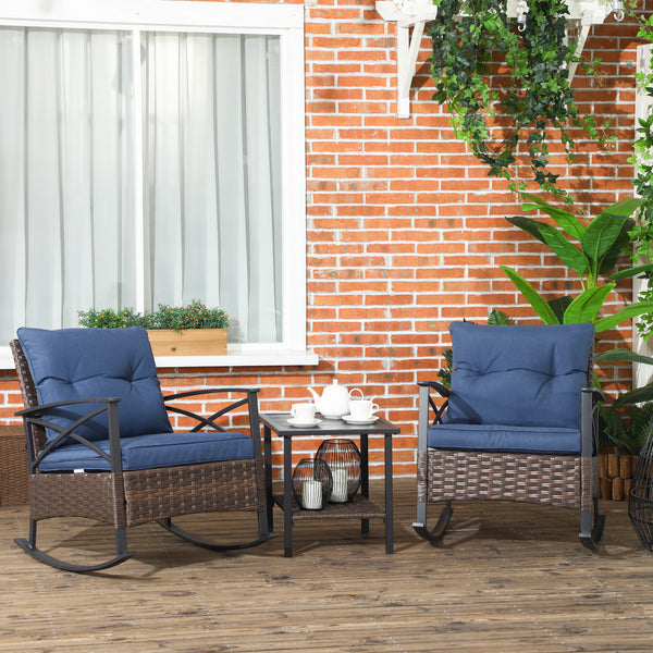 Outsunny 3 Piece Patio Rocking Chair Set, Outdoor Wicker Bistro Set with 2 Cushioned Porch Rockers and 2 Tier Coffee Table for Garden, Porch, Backyard, Dark Blue