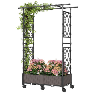 Raised Garden Bed with Arch Trellis, Raised Bed for Garden on Wheels with Side Trellis, Self Watering Outdoor Planter Box for Climbing Plants, Flowers, Herbs