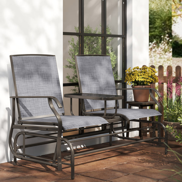 2 Seats Garden Glider Bench, Metal Frame Loveseat with Glass Top  Centre Table, Porch Rocking Glider for 2 Person, for Deck, Patio, Brown/ Grey