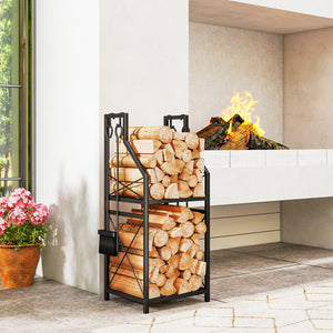 13 Inch Firewood Log Rack with 4 Tools, 2-Tier Heavy Duty Steel Log Store Indoors with Hooks, 132 lb Capacity Fireplace Log Storage Holder for Indoor/Outdoor, Black