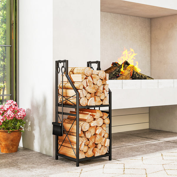 13 Inch Firewood Log Rack with 4 Tools, 2-Tier Heavy Duty Steel Log Store Indoors with Hooks, 132 lb Capacity Fireplace Log Storage Holder for Indoor/Outdoor, Black