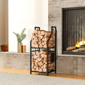 13 Inch Firewood Log Rack with 4 Tools, 2-Tier Heavy Duty Steel Log Store Indoors with Hooks, 132 lb Capacity Fireplace Log Storage Holder for Indoor/Outdoor, Black