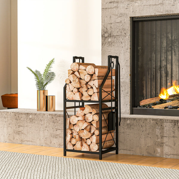 13 Inch Firewood Log Rack with 4 Tools, 2-Tier Heavy Duty Steel Log Store Indoors with Hooks, 132 lb Capacity Fireplace Log Storage Holder for Indoor/Outdoor, Black
