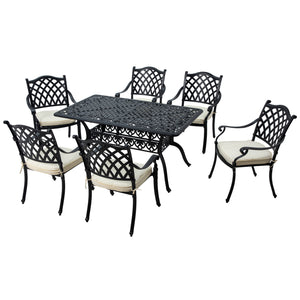 7 PCs Garden Patio Dining Set with Parasol Hole, Cast Aluminium Outdoor Furniture Set with Six Cushioned Chairs and Rectangle Dining Table, for Garden, Lawn, Deck, Black
