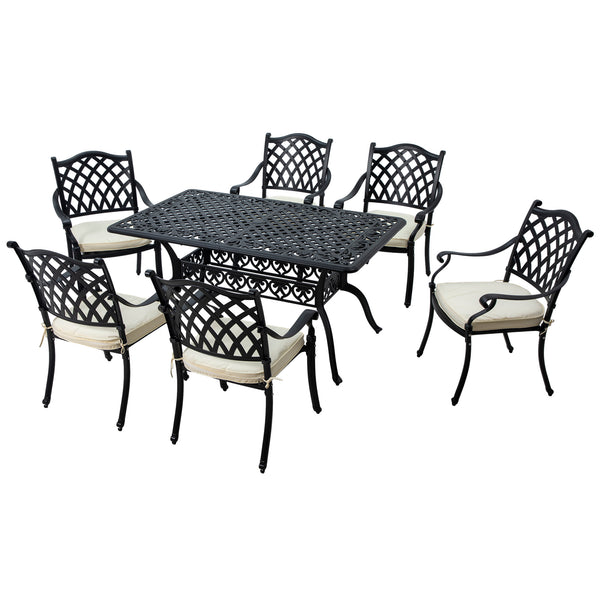 7 PCs Garden Patio Dining Set with Parasol Hole, Cast Aluminium Outdoor Furniture Set with Six Cushioned Chairs and Rectangle Dining Table, for Garden, Lawn, Deck, Black