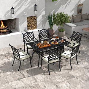 7 PCs Garden Patio Dining Set with Parasol Hole, Cast Aluminium Outdoor Furniture Set with Six Cushioned Chairs and Rectangle Dining Table, for Garden, Lawn, Deck, Black