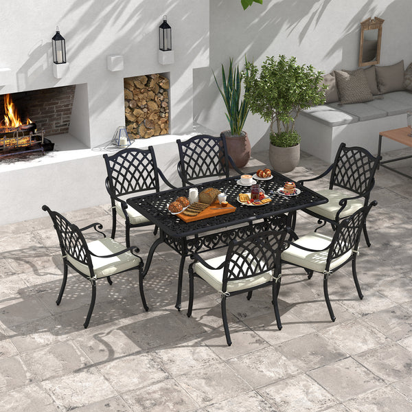 7 PCs Garden Patio Dining Set with Parasol Hole, Cast Aluminium Outdoor Furniture Set with Six Cushioned Chairs and Rectangle Dining Table, for Garden, Lawn, Deck, Black
