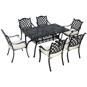 7 PCs Garden Patio Dining Set with Parasol Hole, Cast Aluminium Outdoor Furniture Set with Six Cushioned Chairs and Rectangle Dining Table, for Garden, Lawn, Deck, Black