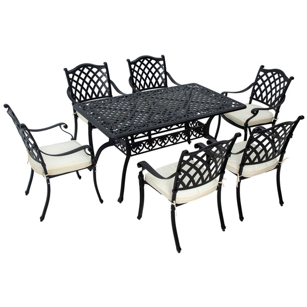 7 PCs Garden Patio Dining Set with Parasol Hole, Cast Aluminium Outdoor Furniture Set with Six Cushioned Chairs and Rectangle Dining Table, for Garden, Lawn, Deck, Black