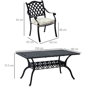 7 PCs Garden Patio Dining Set with Parasol Hole, Cast Aluminium Outdoor Furniture Set with Six Cushioned Chairs and Rectangle Dining Table, for Garden, Lawn, Deck, Black