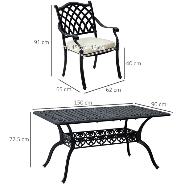 7 PCs Garden Patio Dining Set with Parasol Hole, Cast Aluminium Outdoor Furniture Set with Six Cushioned Chairs and Rectangle Dining Table, for Garden, Lawn, Deck, Black