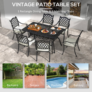 7 PCs Garden Patio Dining Set with Parasol Hole, Cast Aluminium Outdoor Furniture Set with Six Cushioned Chairs and Rectangle Dining Table, for Garden, Lawn, Deck, Black