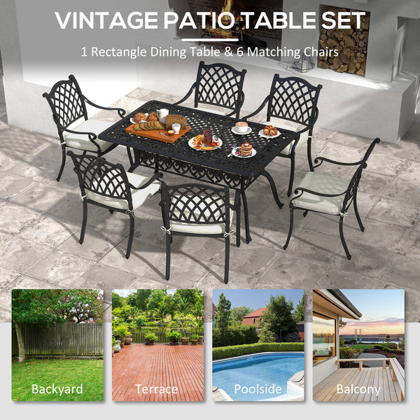 7 PCs Garden Patio Dining Set with Parasol Hole, Cast Aluminium Outdoor Furniture Set with Six Cushioned Chairs and Rectangle Dining Table, for Garden, Lawn, Deck, Black