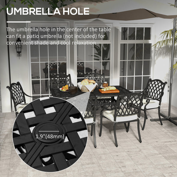 7 PCs Garden Patio Dining Set with Parasol Hole, Cast Aluminium Outdoor Furniture Set with Six Cushioned Chairs and Rectangle Dining Table, for Garden, Lawn, Deck, Black