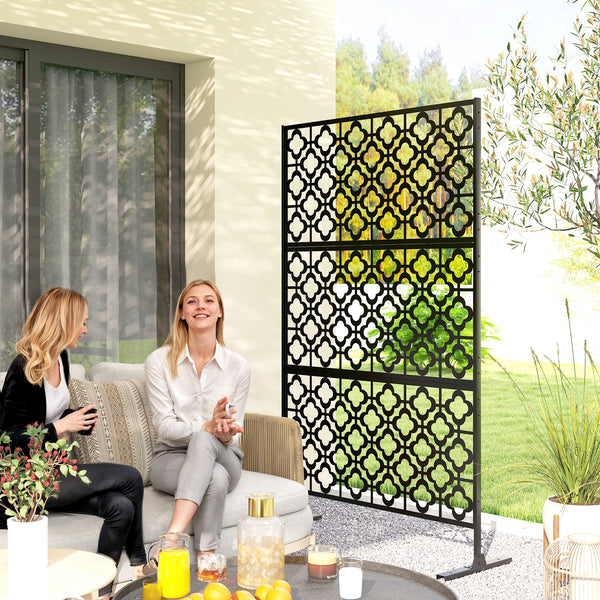 Metal Outdoor Privacy Screen, 78" x 48" Freestanding Outdoor Divider with Stand, Decorative Privacy Panel with Quatrefoil Cut-out Design for Garden Patio Backyard, Black