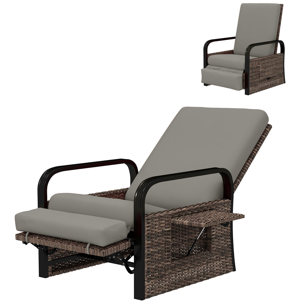 Outdoor Recliner Chair, Reclining Outdoor Lounge Chair with Adjustable Backrest and Footrest, Wicker Chair with Flip Side Table, Aluminum Armrests and Cushion, Light Grey