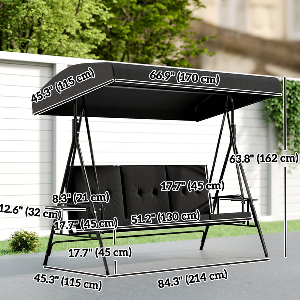 3-Seat Patio Swing Chair, Outdoor Porch Swing Glider with Adjustable Canopy, Side Tray, Removable Cushion, Steel Frame, Breathable Mesh Seat for Garden, Poolside, Black