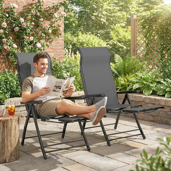 Folding Patio Chairs Set of 2, Reclining Outdoor Chair with 33.5" High Back, Retractable Footrest, 5-Position Outdoor Recliner Lounge Chairs for Lawn Yard Beach, Dark Grey