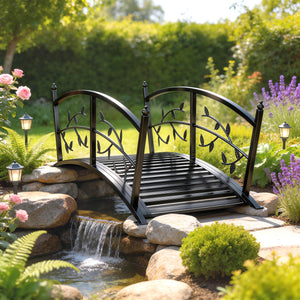 1.2M Metal Garden Bridge with Safety Railings, Outdoor Pond Bridge, Arch Decorative Footbridge for Garden, Creek Stream, Easy Assembly & Stable Construction, Black