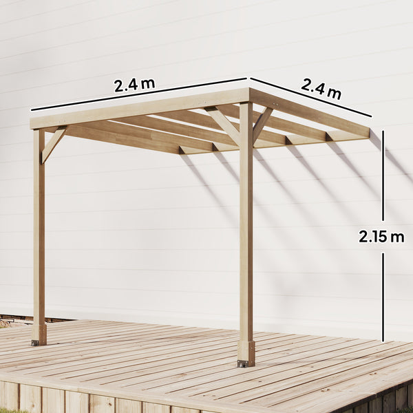 2.4 x 2.4m Lean-To Wooden Pergola Kit, Decorative Garden Gazebo with Stable Structure and Concrete Anchors, Grape Trellis for Climbing Vines, Flowers, Garden Patio, Light Brown