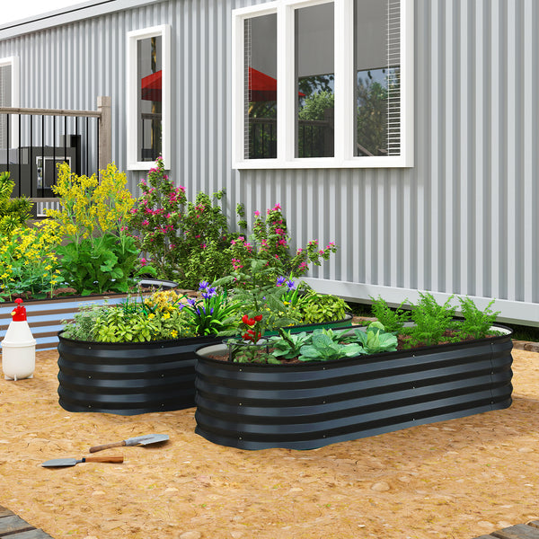 Set of 2 Raised Beds for Garden, Outdoor Galvanised Planter Box with Plant Support Stakes, Rubber Strap Edging and Bottomless for Flower, Vegetable, 150 x 60 x 30 cm, Dark Grey